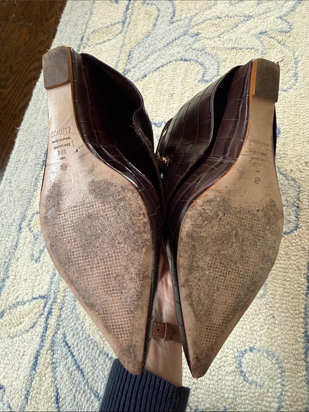 SCHUTZ Dark Brown Croc-Embossed Pointed Toe Ankle Boots with Gold Buckle - Picture 3 of 7
